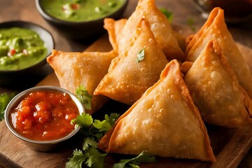 Indian samosas with dipping chutneys ultra hd photo