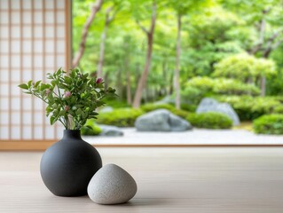 Tranquil Japanese home with large windows, offering a seamless connection to a zen rock garden