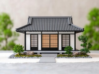 Traditional Japanese house with an inner courtyard featuring raked sand and mosscovered stones