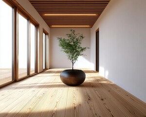 Traditional Japanese home with wabisabi aesthetics, rustic wood textures, and a calming atmosphere