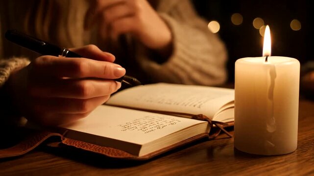Woman writing in a journal by candlelight, capturing thoughts and reflections in a warm, intimate setting.