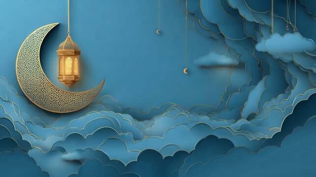 Ramadan Kareem blue background banner with crescent moon and glowing lantern for Islamic greeting cards Muslim holidays and festive Ramadan celebrations