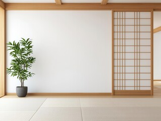 Traditional Japanese house with minimalist tatami rooms, shoji screens, and a serene zen garden