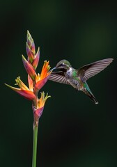 Obraz premium A vibrant, colorful hummingbird hovers gracefully in midair, utilizing its rapid wing movements while extracting sweet nectar from a tropical garden bloom ,fast ,wild ,avian