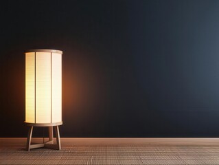 Softly illuminated Japanese room with a delicate paper lamp, tatami flooring, and warm wooden tones