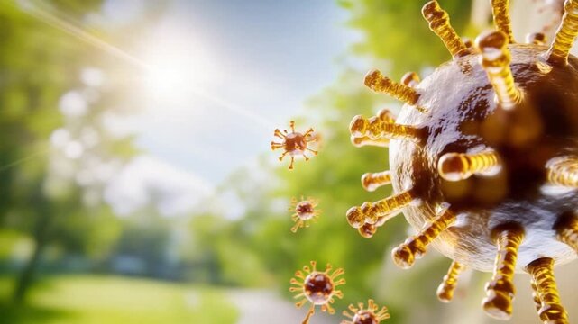 Microscopic Invaders: A detailed visual of viruses float through a verdant environment, embodying the essence of nature's delicate balance.