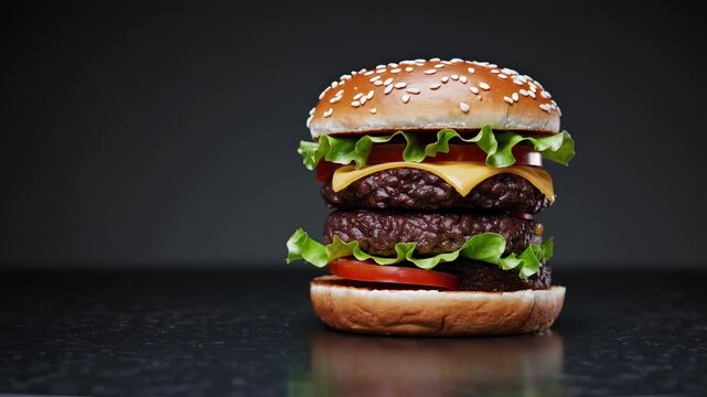 Close-up video of a double cheeseburger with lettuce and tomato, shot from a side angle against a dark background, highlighting its layers.