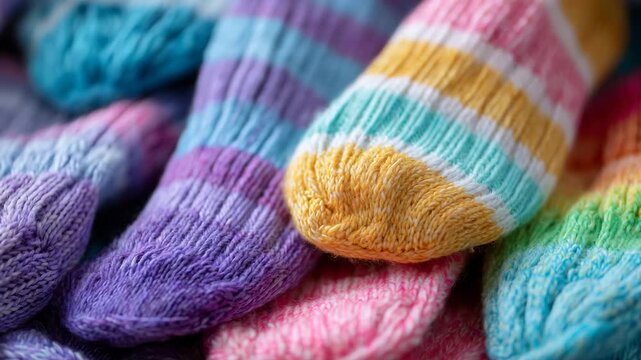 Detailed close-up of overlapping colorful socks forming textured backdrop, realistic cotton fibers and ribbed knit patterns, even studio lighting, fashion accessory advertising vis