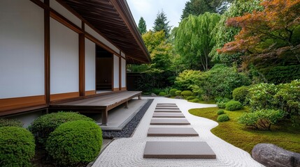 Simple yet sophisticated Japanese residence with a stone path leading to a meditative garden