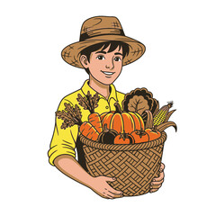 Young farmer holding a basket filled with fresh harvest vegetables, smiling happily.