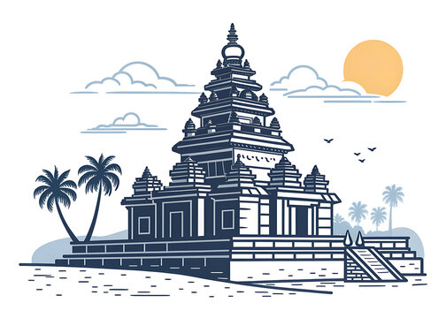 Mahabalipuram Shore Temple, vector minimal silhouette