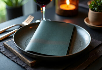 Luxury fine dining menu mockup on black table, minimal style, premium look