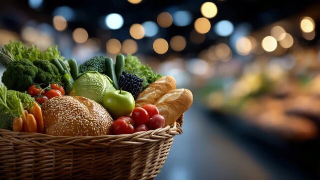 Detailed shot of grocery basket overflowing with healthy food items, fresh vegetables, ripe fruit, bread loaf, and packaged meat, soft bokeh supermarket background, balanced diet c
