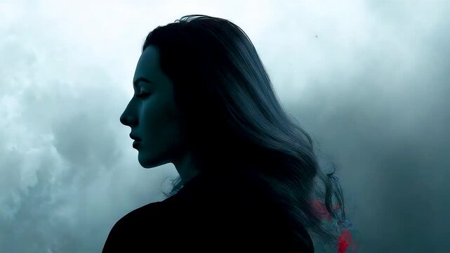 Moody Female Profile Portrait Emerging From Shadowed Mist With Cool Blue Light Creating Dramatic Cinematic Atmosphere