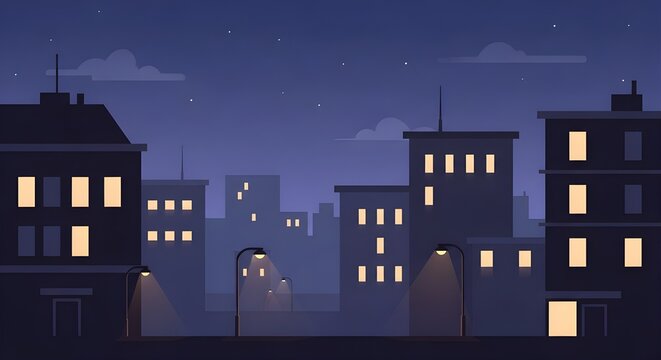 Quiet night city landscape with soft lights and clean flat vector style