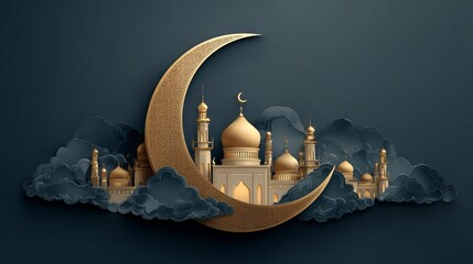 Elegant Ramadan Kareem Islamic luxury design featuring crescent moon and mosque dome with spiritual night atmosphere and festive celebration theme