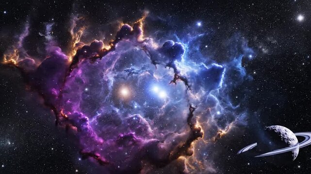 Cosmic nebula scene abstract space illustration with colorful clouds and celestial objects
