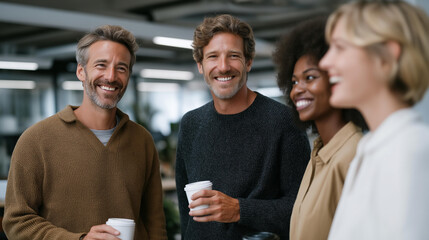 Office coffee break with diverse coworkers standing together, cups in hands, informal conversation, modern office space, stress relief, social bonding, collaboration culture and positive work