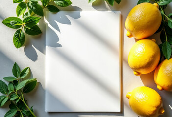 Summer restaurant menu mockup with fresh herbs and lemons, bright natural light