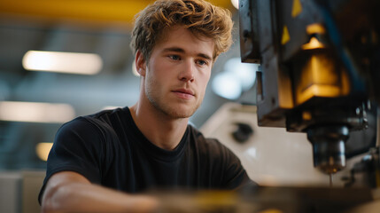 Manufacturing environment featuring a heavy duty drilling machine, focused operation illustrating metal fabrication, industrial equipment, and technical craftsmanship. cinematic color correction,