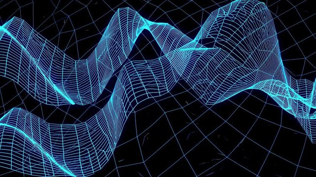 Abstract 3D wireframe waves in neon blue on a black background, viewed from a dynamic angle, creating a futuristic video game aesthetic.