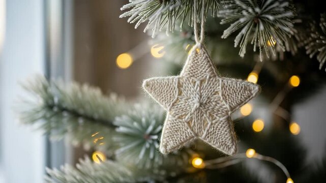 Rustic star ornament hanging on Christmas tree with fairy lights  