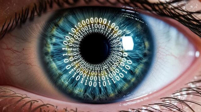 Eye with binary code reflecting digital technology and innovation  ,  the binary code moves in a circle around the circle representing digital data 