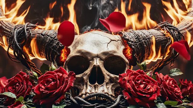 Eternal Inferno: A macabre tableau features a human skull, entwined with ominous horns and adorned with vibrant roses and red rose petals. Flames of fire adds a mysterious, intense atmosphere. 