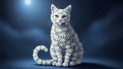 Elegant Cat Silhouette Made of White Flowers on Blue Background - Floral Kitten Aesthetic Vector Illustration