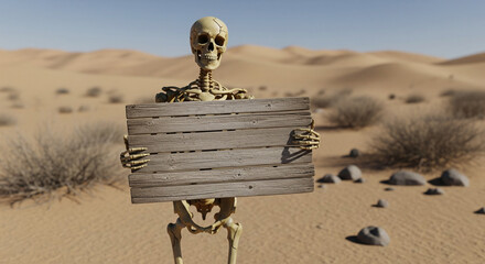 A creepy human skeleton standing in a vast hot desert holding a blank wooden sign for copy space symbolizing thirst death drought and global warming