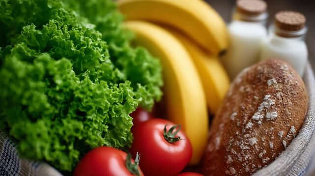 Macro-style close-up of grocery bag contents, textures of leafy lettuce, smooth bananas, glossy bell peppers, rustic bread crust, eggs and milk visible, clean lifestyle and nutriti