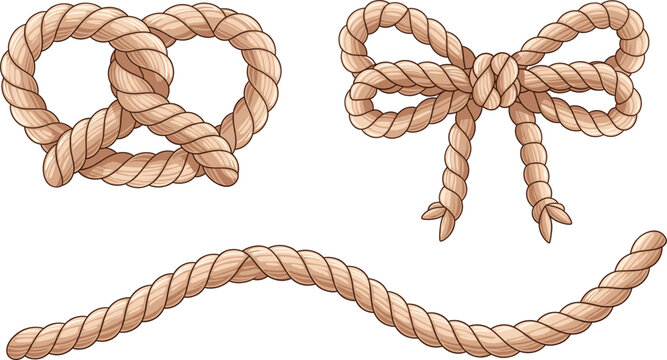 Rope Knot and Bow Set Illustration Showing Twisted Cord, Tie and Nautical Elements Flat Vector