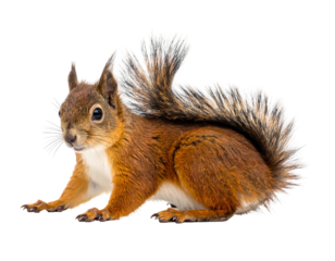 A charming, reddish-brown squirrel with a fluffy tail poses against a transparent background