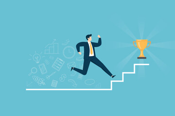 Businessman in suit leaping up stairs toward a shining trophy with business icons in background, representing career growth and success.