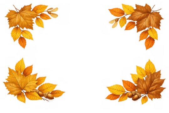 Autumn fall season decorative border with colorful maple leaves and acorns, creating a graphic frame on transparent background - Powered by Adobe