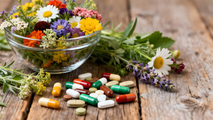 Herbal Supplement Capsules with Fresh Medicinal Herbs and Flowers on Wooden Table.