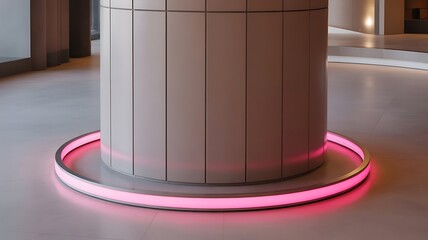 Modern cylindrical pillar with pink neon lighting on a circular base stands out in a sleek white room with floor-to-ceiling surfaces.