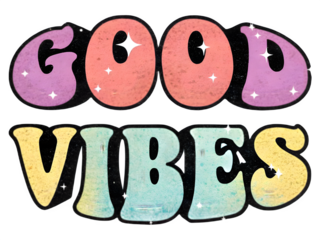 Retro 70s groovy "GOOD VIBES" typography with sparkles on transparent background