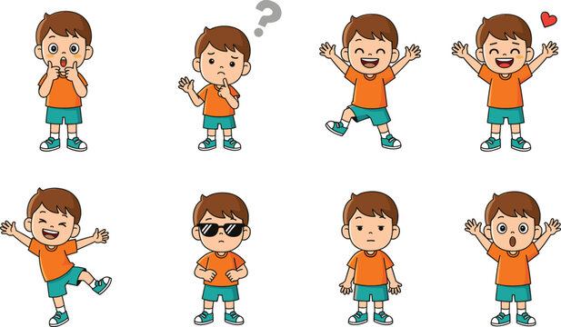 Cute Boy Cartoon Character Expressions Set Showing Happy, Confused, Surprised and Playful Emotions Flat Vector