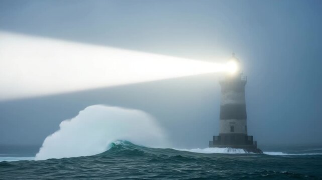 Lighthouse illuminating turbulent waves during stormy weather  
