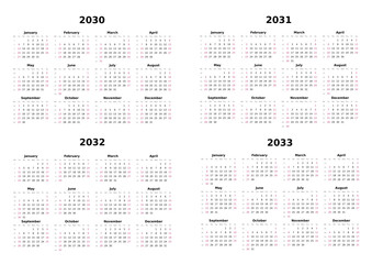 Kalender 2030 bis 2033 mit Wochenz&auml;hlung, englisch, erster Wochentag ist Sonntag, Querformat