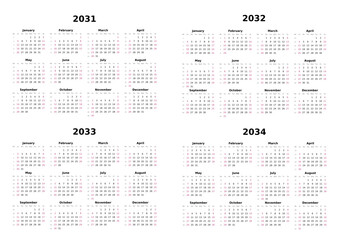 Kalender 2031 bis 2034 mit Wochenz&auml;hlung, englisch, erster Wochentag ist Sonntag, Querformat
