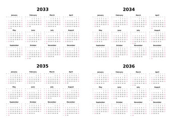 Kalender 2033 bis 2036 mit Wochenz&auml;hlung, englisch, erster Wochentag ist Sonntag, Querformat