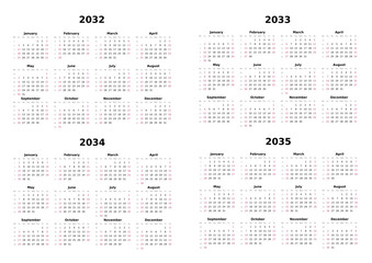 Kalender 2032 bis 2035 mit Wochenz&auml;hlung, englisch, erster Wochentag ist Sonntag, Querformat