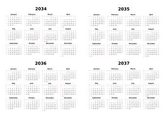 Kalender 2034 bis 2037 mit Wochenz&auml;hlung, englisch, erster Wochentag ist Sonntag, Querformat