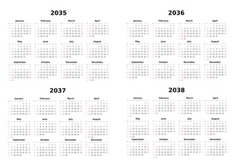 Kalender 2035 bis 2038 mit Wochenz&auml;hlung, englisch, erster Wochentag ist Sonntag, Querformat