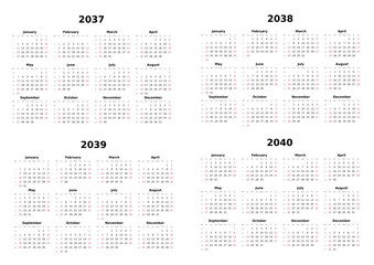 Kalender 2037 bis 2040 mit Wochenz&auml;hlung, englisch, erster Wochentag ist Sonntag, Querformat