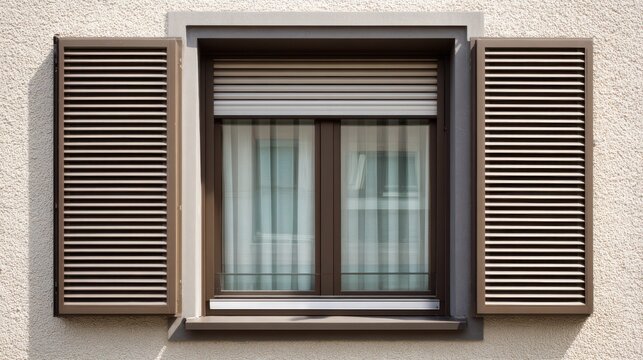 Modern window with brown louvred shutters and roller blind on a textured wall