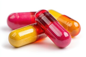 Colorful transparent capsules with powdered supplement inside, close up macro view, vibrant medicine pills isolated on white background, concept of healthcare, vitamins, pharmacy, nutrition