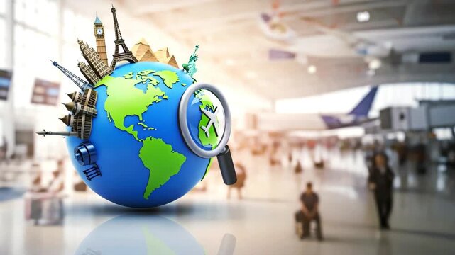 Globe with world landmark and airplane at airport for the concept of travel.